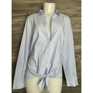 J Jill Womens L Light Blue V Neck Collared Button Up Shirt Blouse Tie Front Top